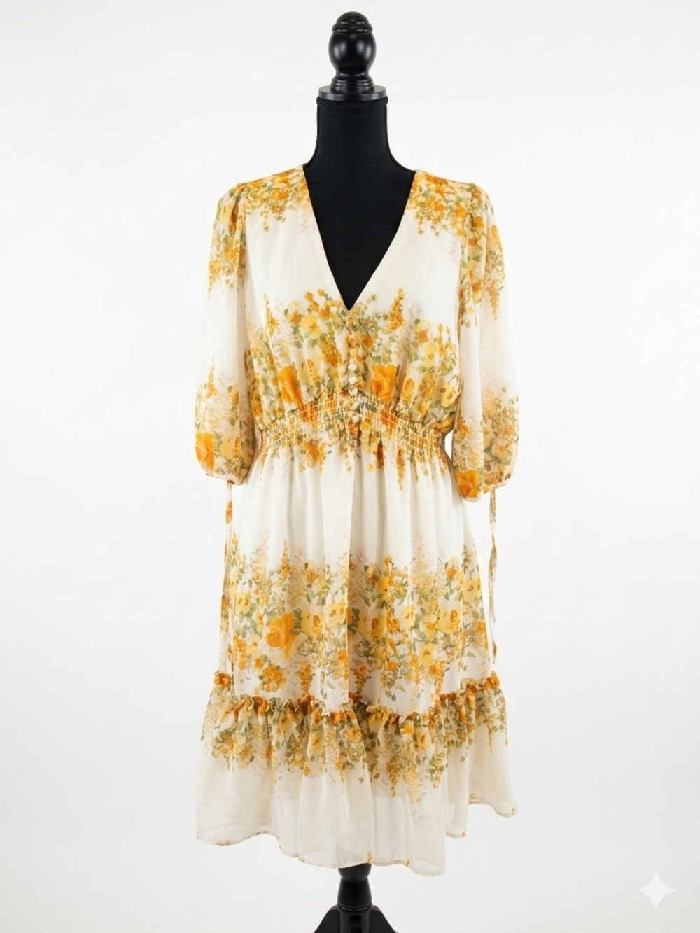Taylor Cream Midi Dress with Yellow Floral Print